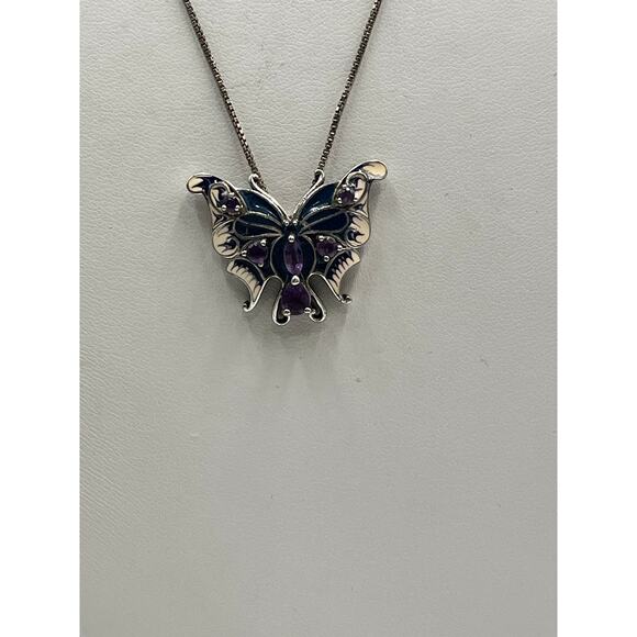 Vintage Sterling Silver Butterfly Pendant Amethyst Enamel 17" Box Chain Italy - Picture 13 of 13